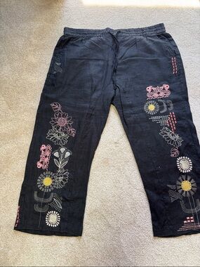 Johnny Was Black Wide-Leg Linen Pants with Pink and Yellow Floral Embroidery